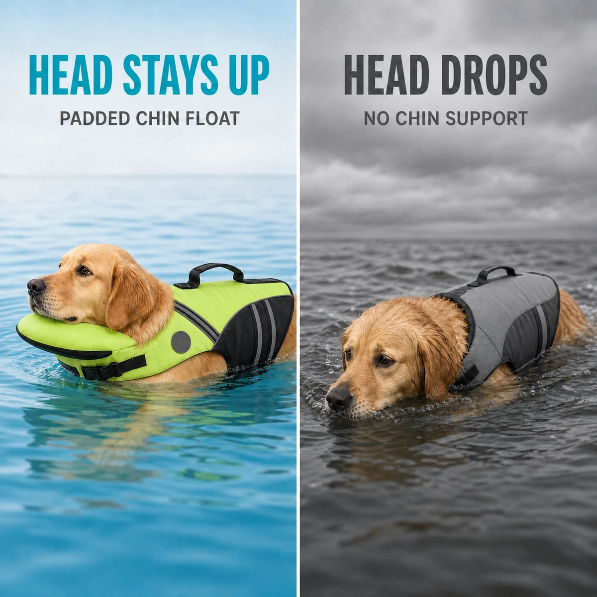 Comparison of a dog with and without chin support in water