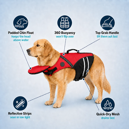 Life jacket feature callouts: chin flap, rescue handle, buoyancy panels