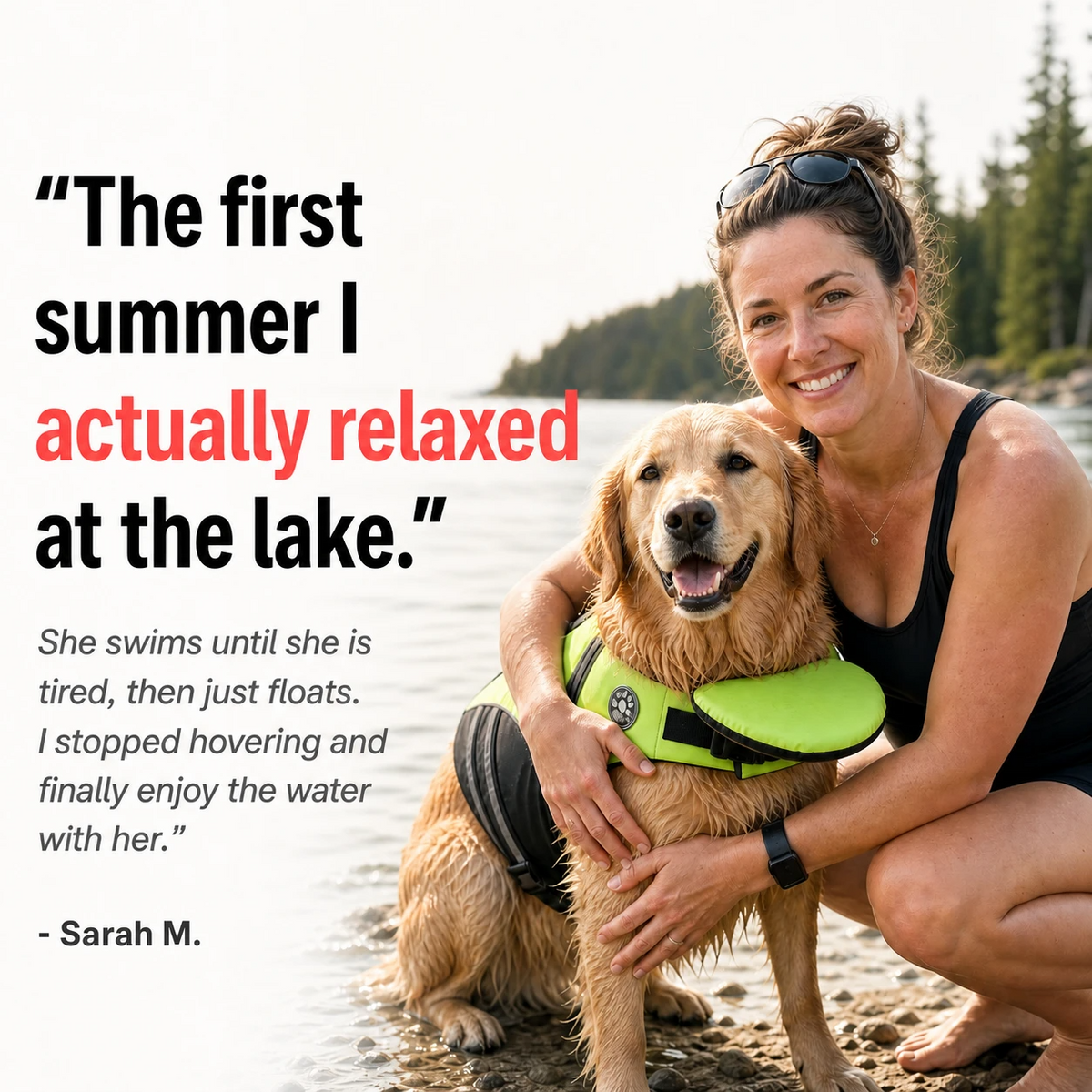 Happy dog owner testimonial with dog in life jacket