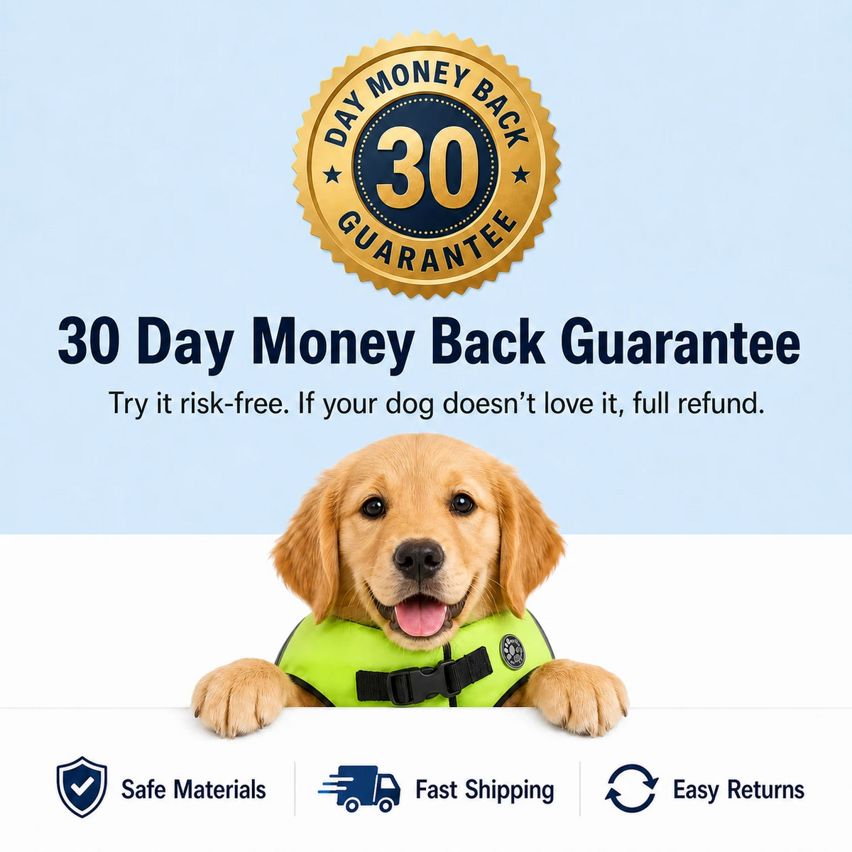 30 day money back guarantee badge with dog in life jacket