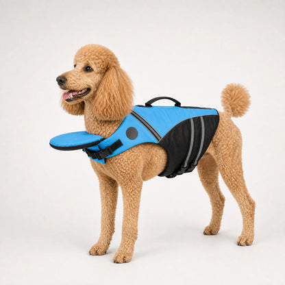 Blue dog life jacket on a poodle