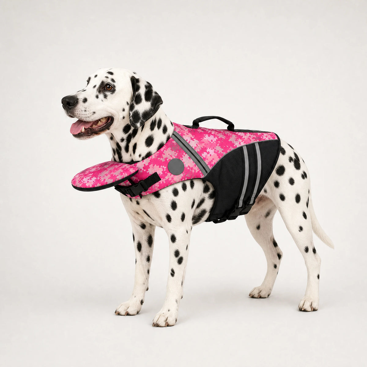 Pink camo dog life jacket on a dalmatian
