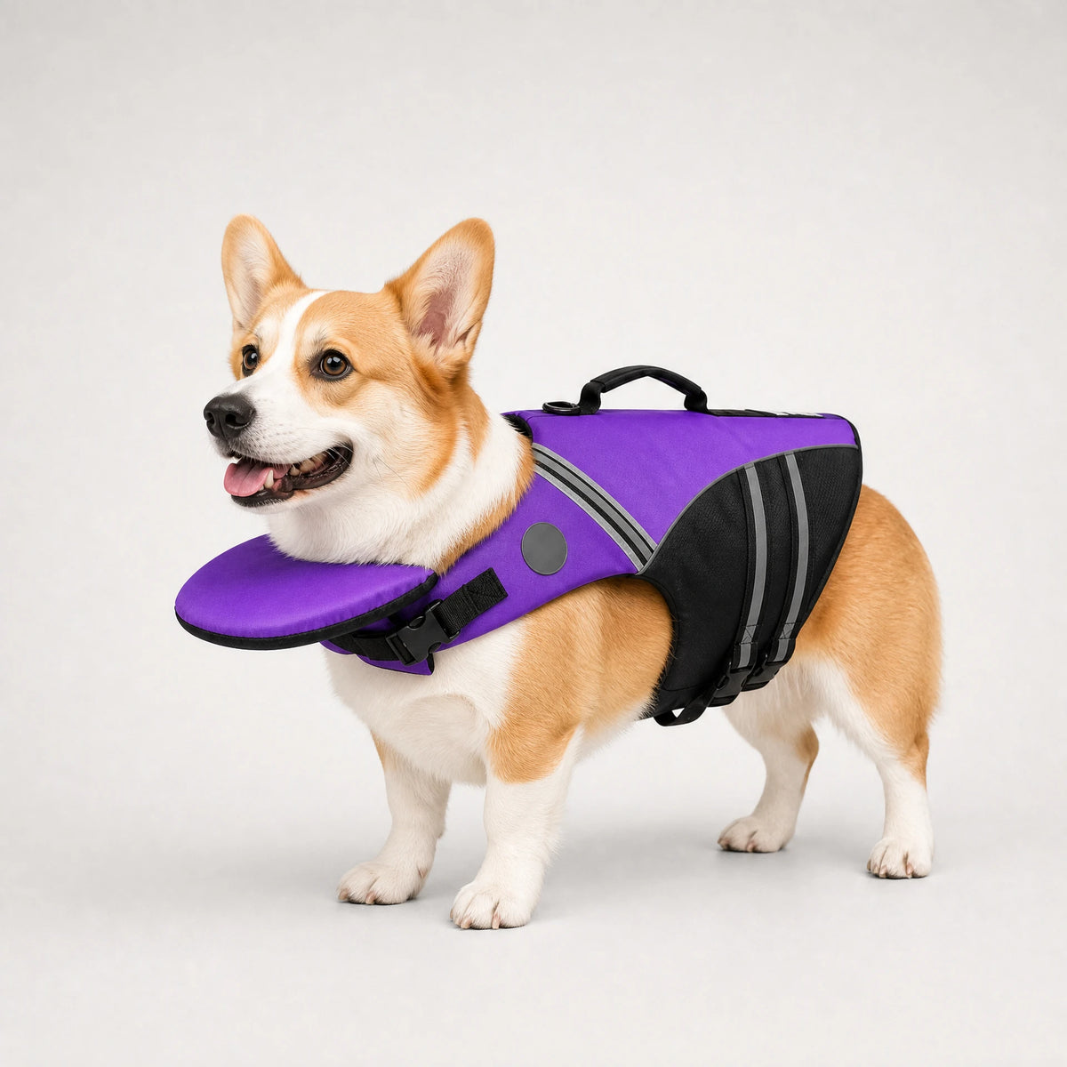 Purple dog life jacket on a corgi